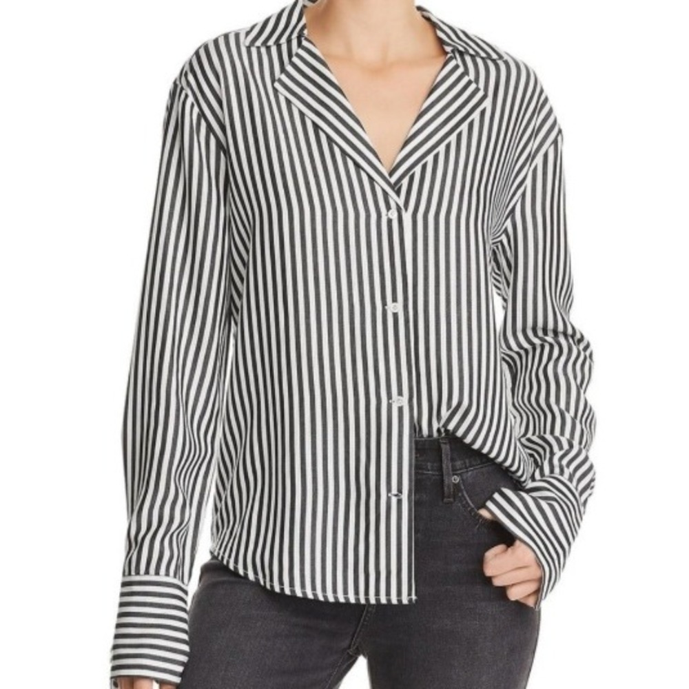 PAIGE Elora Striped Tercel Button Down Shirt Black White Long Sleeve